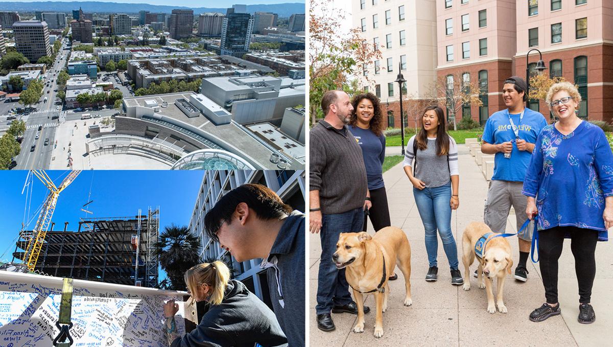 菠菜网lol正规平台 community members on campus and a view of the city of San Jose.