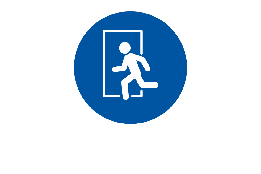 Icon graphic of a person leaving a building.