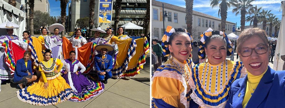 The president posing with student folklorico dancers.