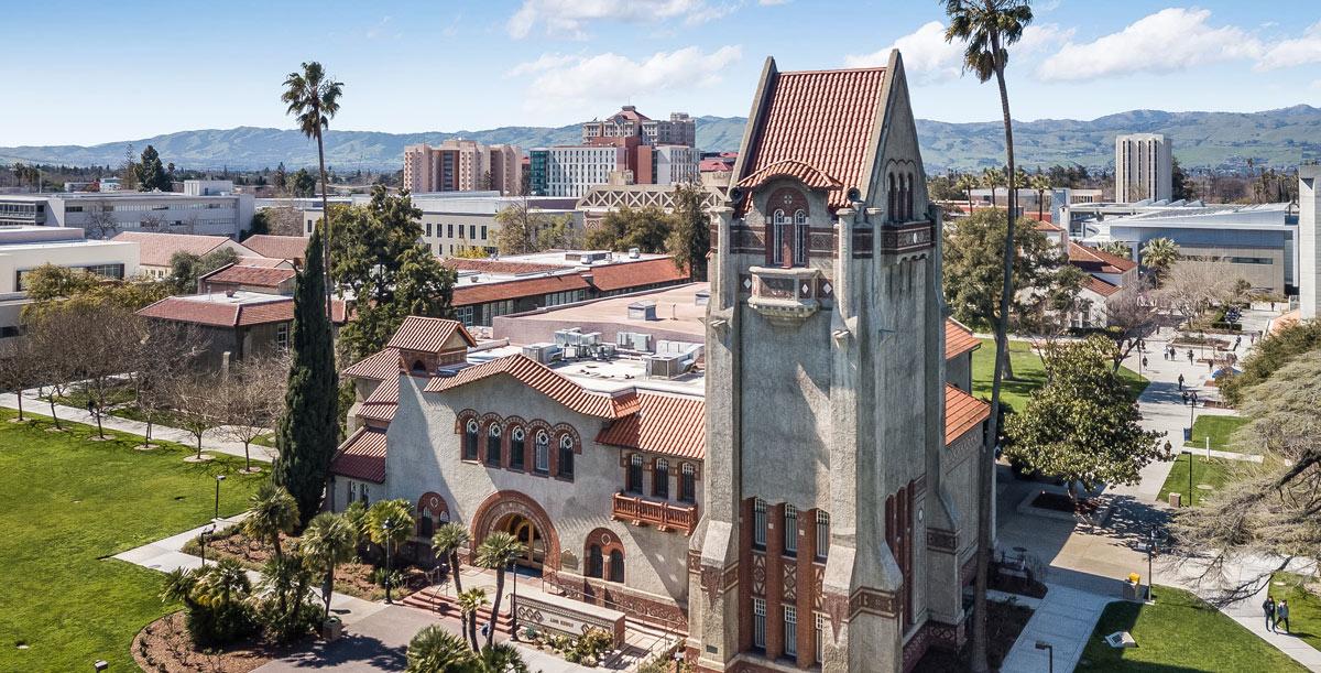 Aerial view of campus with Tower Hall at the forefront.